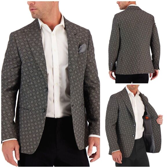Tallia Mens Slim Fit Metallic Black Gold & Silver Medallion Sport Coats 38R